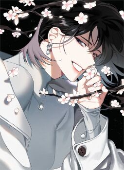 1girl :d bob_cut branch cherry_blossoms cherry_tree coat earrings half-closed_eyes han_sooyoung head_tilt high_collar highres hinizana holding holding_branch jewelry long_sleeves looking_at_viewer necklace omniscient_reader&#039;s_viewpoint open_clothes open_coat open_mouth shirt short_hair smile solo upper_body white_coat white_shirt