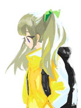 Rule 34 | black bag, green background, hands in pockets, jacket, long eyelashes, looking to the side, oekaki, open mouth, original, profile, shiratsuyu mone, twintails, white background, yellow jacket