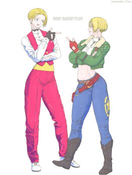 2girls blonde_hair blue_eyes blue_mary boots breasts fatal_fury formal_clothes gloves jacket king_(snk) large_breasts medium_breasts multiple_girls pale_skin pants r_ytasl shirt shoes short_hair smile standing suit tall_female taller_female the_king_of_fighters thick_thighs thighs tuxedo white_shirt