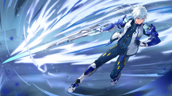 1boy absurdres armor black_pants black_shirt blue_eyes commission greaves highres holding holding_sword holding_weapon jacket mechanical_arms mytea_(soso) open_clothes open_jacket pants phantasy_star phantasy_star_online_2 science_fiction shirt short_hair skeb_commission smile sword weapon white_hair white_jacket