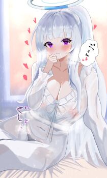 1girl akechi_kani bed blue_archive blush breasts cleavage covered_navel cum cum_on_body dress facial female_pubic_hair halo hand_to_own_mouth heart high_ponytail large_breasts leaning_to_the_side long_hair nipples noa_(blue_archive) noa_(pajamas)_(blue_archive) pajamas ponytail pubic_hair purple_eyes see-through_clothes sitting smile solo sweat white_dress white_hair