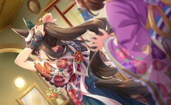 2girls adjusting_hair admire_vega_(lucky_star_in_the_sky)_(umamusume) admire_vega_(umamusume) animal_ears aqua_hakama arm_warmers artist_request back_ribbon black_arm_warmers black_wrist_cuffs blurry blurry_foreground brown_hair cowboy_shot dressing_room dutch_angle ear_covers ear_ornament eyelashes floral_print flower frilled_wrist_cuffs frills from_behind game_cg hakama hakama_skirt highres horse_ears horse_tail indoors japanese_clothes kimono lace lace-trimmed_kimono lace-trimmed_sleeves lace_arm_warmers lace_trim light_particles long_hair long_sleeves meisho_doto_(padding_sores_should_she_go_flying)_(umamusume) meisho_doto_(umamusume) multiple_girls official_alternate_costume official_art parted_lips pointy_nose ponytail print_kimono purple_eyes purple_kimono red_flower ribbon short_hair single_ear_cover skirt sparkle tail third-party_source umamusume vase very_long_hair wavy_hair white_flower white_hakama white_kimono white_ribbon wide_sleeves wrist_cuffs yellow_ribbon