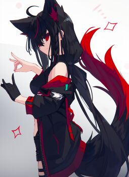 Rule 34 | 1girl, ahoge, animal ear fluff, animal ears, bare shoulders, black hair, black jacket, black shorts, black tail, braid, crop top, crossed bangs, double fox shadow puppet, ear ornament, earrings, extra ears, fox ears, fox girl, fox shadow puppet, fox tail, from side, gloves, gradient background, grey background, hair between eyes, hair ribbon, highleg, highleg panties, highres, hololive, jacket, jewelry, kurokami fubuki, long hair, looking at viewer, low ponytail, multicolored hair, multicolored tail, nagishiro mito, navel, open clothes, open jacket, panties, ponytail, red eyes, red hair, red tail, ribbon, short shorts, shorts, side braid, sidelocks, simple background, single braid, single earring, single glove, sleeveless, sleeveless turtleneck, solo, star (symbol), streaked hair, tail, thigh strap, turtleneck, underwear, virtual youtuber