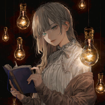 Rule 34 | 1girl, blue eyes, book, bow, bowtie, brown jacket, dress, frilled shirt collar, frills, grey hair, hanging light, highres, holding, holding book, jacket, light bulb, long hair, long sleeves, looking at viewer, off shoulder, open book, open clothes, open jacket, original, parted lips, revision, solo, tayumeru, upper body, very long hair, white bow, white bowtie, white dress, white hair