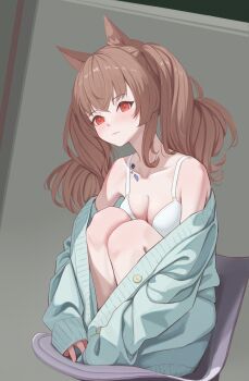 1girl absurdres angelina_(arknights) animal_ear_fluff animal_ears aqua_cardigan arknights bare_shoulders blush bra breasts brown_hair cardigan chair cleavage closed_mouth commentary highres looking_at_viewer medium_breasts on_chair red_eyes sidelocks sitting solo twintails underwear vulphree white_bra