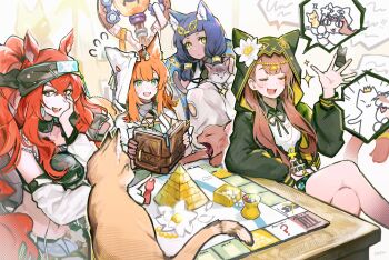 4girls absurdres ahoge animal_ear_fluff animal_ear_hood animal_ears ankh arknights blue_hair blush book brown_hair cat commentary crossed_bangs fake_animal_ears green_eyes hair_tubes head_chain highres hood hood_up jewelry medjehtiqedti_(arknights) multiple_girls narantuya_(arknights) orange_hair papyrus_(arknights) pepe_(arknights) red_hair spoken_character symbol-only_commentary wed_(lim38869577) yellow_eyes