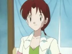1990s_(style) 1997 1girl animated animated_gif brown_eyes brown_hair collarbone delia_ketchum female_focus hair_intakes jacket long_hair low_ponytail lowres mature_female nintendo one-piece_swimsuit pokemon pokemon_(anime) pokemon_(classic_anime) pokemon_ep018 ponytail red_hair retro_artstyle short_sleeves smile solo standing swimsuit tagme