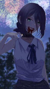 1girl absurdres aerial_fireworks black_choker black_hair black_ribbon blood blood_from_mouth blurry blurry_background chainsaw_man choker commentary_request fireworks green_eyes grey_shirt hair_between_eyes highres looking_at_viewer neck_ribbon night outdoors reze_(chainsaw_man) ribbon shirt shirt_tucked_in sleeveless sleeveless_shirt solo tree twitter_username ulu1010