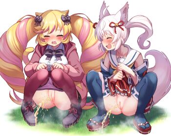 2girls absurdres animal_ear_fluff animal_ears black_bow blonde_hair blush bow cat_girl closed_eyes clothes_lift commentary_request commission dog_girl dog_tail frills hair_bow highres howan_(show_by_rock!!) jacket lifting_own_clothes long_hair long_sleeves mashima_himeko_(show_by_rock!!) multicolored_hair multiple_girls nyama open_clothes open_jacket open_mouth panties pantyhose pee peeing peeing_together pink_hair pixiv_commission pussy red_skirt shirt show_by_rock!! skirt skirt_lift smile squatting tail thighhighs twintails uncensored underwear variant_set very_long_hair white_hair white_shirt