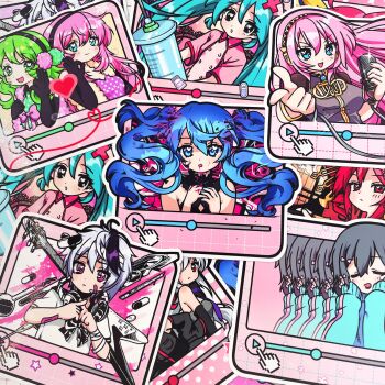 6+girls akita_neru babylonholic bass_guitar black_bow black_dress black_eyes black_gloves black_hair black_shirt black_sleeves blonde_hair blood blood_from_mouth blue_eyes blue_hair blue_jacket bow breast_pocket buttons cevio closed_mouth collared_shirt commentary detached_sleeves double-breasted dress dual_persona elbow_gloves electric_guitar english_commentary flower ghost_rule_(vocaloid) gloves green_eyes green_hair grey_shirt guitar gumi hair_between_eyes hands_on_own_hips happy_synthesizer_(vocaloid) hat hatsune_miku headband headphones heart heart-shaped_pupils highres holding holding_microphone instrument interlocked_fingers iyowa_girls jacket kasane_teto koiiro_byoutou_(vocaloid) kurari-chan_(iyowa) kyu-kurarin_(cevio) long_hair long_sleeves looking_at_viewer luka_luka_night_fever_(vocaloid) media_player_interface medicine megurine_luka microphone multiple_girls necktie nurse nurse_cap open_mouth oversized_object pill pink_hair pink_hat pink_shirt pink_trim pocket pointing pointing_at_viewer print_shirt purple_eyes purple_necktie red_eyes shirt side_ponytail three-quarter_sleeves symbol-shaped_pupils syringe twintails utau venom_(vocaloid) vocaloid white_hair white_shirt wing_collar x_fingers yoshiwara_lament_(utau) yowane_haku