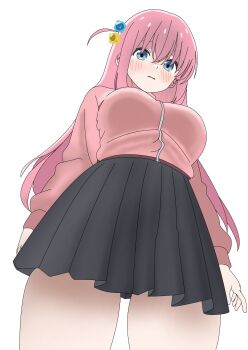 1girl blue_eyes blush bocchi_the_rock! breasts cube_hair_ornament gotoh_hitori hair_between_eyes hair_ornament highres jacket long_hair long_sleeves one_side_up open_mouth pink_hair pink_jacket pink_track_suit reisenzero side_ahoge simple_background skirt solo thighs track_jacket track_suit white_background