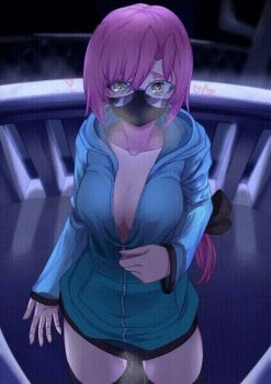 1girl animated breasts cleavage glasses large_breasts long_tongue mask pink_hair sweater tongue tongue_out