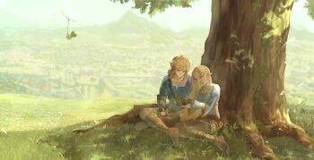 1boy 1girl absurdres aqua_tunic black_pantyhose blonde_hair boots braid breasts brown_boots crown_braid fingerless_gloves gloves gold_trim grey_pants hair_ornament hairclip highres jaezelda juliet_sleeves link long_hair long_sleeves medium_breasts medium_hair nature nintendo open_mouth outdoors pants pantyhose parted_bangs pointy_ears princess_zelda puffy_sleeves sidelocks sitting smile the_legend_of_zelda the_legend_of_zelda:_breath_of_the_wild tree tunic under_tree