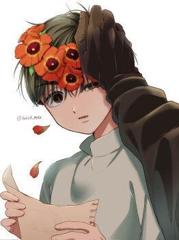 Rule 34 | 2boys, alien stage, birthday, black eyes, black gloves, black hair, commentary, english commentary, fang, flower, garena 0592, gloves, hand on another's head, head wreath, highres, holding, holding paper, ivan (alien stage), male focus, multiple boys, open mouth, paper, petals, pov, red flower, red petals, red pupils, shirt, short hair, signature, solo focus, till (alien stage), uneven eyes, very short hair, white shirt