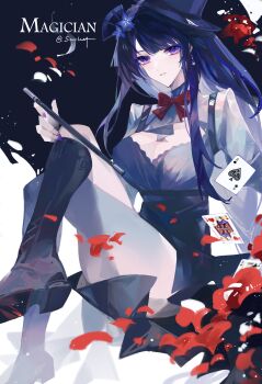 1girl absurdres ace_(playing_card) ace_of_hearts ace_of_spades alternate_costume artist_name black_boots blunt_bangs boots breasts card center_opening cleavage commentary crossed_legs earrings english_commentary english_text flower genshin_impact hair_ornament hat head_tilt heart highres holding holding_wand jewelry large_breasts long_hair long_sleeves mole mole_under_eye neck_ribbon parted_lips playing_card purple_eyes purple_hair queen_(playing_card) raiden_shogun red_ribbon ribbon scarlett_(artist) sitting solo spade_(shape) top_hat upper_body wand