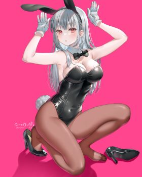 1girl animal_ear_hairband animal_ears black_bow black_bowtie black_leotard black_shoes bow bowtie breasts brown_pantyhose cleavage commentary_request detached_collar fake_animal_ears gloves grey_hair hairband highres leotard long_hair medium_breasts natsume_koji orange_eyes original pantyhose pink_background playboy_bunny rabbit_ears rabbit_pose rabbit_tail shoes single_shoe solo strapless strapless_leotard tail unworn_shoes white_gloves