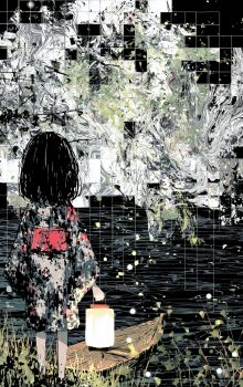 1girl absurdres boat child from_behind grass highres holding japanese_clothes kimono long_sleeves miyakoukisima original outdoors short_hair solo watercraft