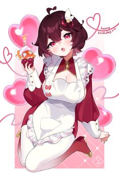 1girl absurdres ahoge apron blush bow breasts candle cleavage colored_inner_hair cupcake dress fingernails fish food frilled_apron frills gradient_pantyhose hair_between_eyes hair_ornament happy_birthday hayate_fish heart heart_ahoge highres holding large_breasts long_sleeves looking_at_viewer medium_hair multicolored_hair nail_polish open_mouth original pantyhose pink_background pink_bow pink_dress pink_eyes pink_hair pink_nails pink_shoes self-portrait shoes short_eyebrows sitting smile solo thighs two-tone_hair virtual_youtuber wariza white_apron white_background white_pantyhose wing_hair_ornament