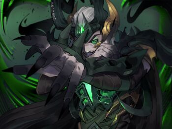 1boy absurdres armor black_nails colored_sclera commentary english_commentary fake_horns fingernails gem green_armor green_background green_eyes green_gemstone green_sclera green_theme grin highres horned_headwear horns loki_(marvel) long_fingernails long_hair looking_at_viewer male_focus marvel marvel_rivals moon_(moonmoon02_l) official_alternate_costume one_eye_covered reaching reaching_towards_viewer sharp_fingernails smile solo thor_(marvel)_(series) upper_body white_hair