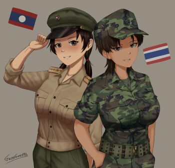Rule 34 | 2girls, absurdres, belt, black hair, blush, breast pocket, breasts, brown eyes, brown shirt, camouflage, camouflage headwear, camouflage jacket, camouflage pants, cold war, commentary, dog tags, english commentary, green belt, green hat, green pants, green shirt, grey background, grin, grzegorz1996, hand on own hat, hands in pockets, hat, highres, jacket, laos, laotian flag, large breasts, looking at viewer, low twintails, military, military fatigues, military rank insignia, military uniform, multiple girls, original, pants, pocket, royal thai army, shirt, shoulder boards, signature, simple background, sleeves rolled up, smile, thai commentary, thai flag, thailand, twintails, upper body