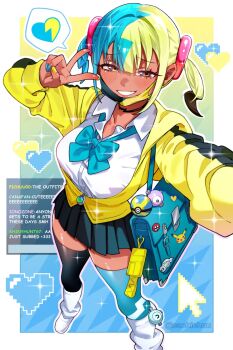 1girl asymmetrical_legwear bag black_skirt black_thighhighs blonde_hair blue_bow blue_bowtie blue_hair blue_mask blue_nails blue_thighhighs blush border bow bowtie breasts canari_(pokemon) commentary cursor dark-skinned_female dark_skin dress_shirt english_text foot_out_of_frame gen_1_pokemon gen_5_pokemon grin hair_ornament heart highres jacket large_breasts looking_at_viewer loose_bowtie loose_socks magnemite mask mask_pull mismatched_legwear mouth_mask multicolored_hair multicolored_nails nintendo outside_border partially_unzipped pikachu pixel_heart pixelated pleated_skirt poke_ball pokemon pokemon_legends:_z-a purple_eyes quick_ball sachichuu school_bag school_uniform shirt shoes short_twintails skirt smile socks solo split-color_hair spoken_heart thighhighs twintails twitter_username two-tone_hair two-tone_mask tynamo v very_long_fingernails very_long_sleeves white_border white_shirt white_shoes white_socks yellow_jacket yellow_mask yellow_nails