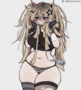 1girl artist_name asymmetrical_legwear averting_eyes bandaged_arm bandages bite_mark bite_mark_on_leg bite_mark_on_thigh black_choker black_gloves black_panties black_shirt black_thighhighs blonde_hair blush body_freckles breasts choker closed_mouth commentary cowboy_shot crop_top cropped_shirt disembodied_hand dokidomiki english_commentary fingerless_gloves freckles gauze gauze_on_cheek gauze_on_face glasses gloves hair_between_eyes hair_ornament hands_up holding holding_own_hair jewelry large_breasts long_hair looking_to_the_side makeup messy_hair miki_(dokidomiki) mismatched_legwear mismatched_thighhighs navel necklace original panties pink_eyes poking_belly round_eyewear runny_makeup scar scar_on_stomach shirt simple_background skindentation solo star_(symbol) star_hair_ornament stomach striped_clothes striped_panties striped_thighhighs sweat syringe syringe_necklace thick_thighs thigh_freckles thighhighs thighs tiktok_logo torn_clothes torn_thighhighs twitch_logo twitter_username twitter_x_logo underwear wavy_mouth white_background