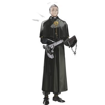 Rule 34 | 1boy, agenir (arknights), arknights, arm behind back, azling, black robe, black shoes, blue eyes, book, cassock, clerical collar, closed mouth, detached wings, energy wings, gun, hair slicked back, halo, holding, holding book, holster, nostrils, official art, old, old man, priest, robe, serious, shoes, solo, standing, tachi-e, third-party source, transparent background, weapon, wings