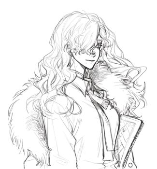 Rule 34 | 1girl, arm out of sleeve, coat, collared shirt, commentary request, fur-trimmed coat, fur trim, hair over one eye, highres, long hair, looking at viewer, mole, mole under mouth, monochrome, necktie, one eye covered, reverse:1999, shirt, sketch, smile, solo, upper body, white background, windsong (reverse:1999), yongwu leyuan