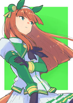 1girl animal_ears black_gloves ear_covers gloves green_eyes hairband horse_ears horse_girl horse_tail juliet_sleeves kakuanko long_hair long_sleeves looking_up orange_hair puffy_sleeves shirt silence_suzuka_(innocent_silence)_(umamusume) silence_suzuka_(umamusume) skirt solo tail umamusume white_hairband white_shirt white_skirt