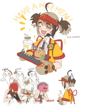 4girls absurdres ahoge animal_ears badge blush brown_hair burger cecilia_immergreen closed_eyes commentary cosplay damage_numbers drink drinking_straw elizabeth_rose_bloodflame employee_uniform english_commentary english_text fast_food_uniform food french_fries gigi_murin goggles goggles_on_head highres holding holding_tray hololive hololive_english imadake_dabuchi_tabemi imadake_dabuchi_tabemi_(cosplay) khoaphan96 mcdonald&#039;s meme microphone multicolored_hair multiple_girls necktie open_happi open_mouth panther_ears panther_girl pinstripe_pattern pinstripe_shirt raora_panthera red_hair shirt smile so_moe_i&#039;m_gonna_die! streaked_hair striped_clothes striped_shirt tray twintails two-tone_hair vertical-striped_clothes vertical-striped_shirt virtual_youtuber visor_cap white_shirt winding_key yellow_happi