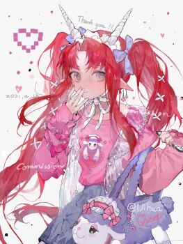 1girl animal_bag arm_belt bag belt blue_ribbon buckle chinese_commentary closed_mouth commentary_request commission cowboy_shot curtained_hair dated elbow_carry english_text grey_eyes grey_skirt hair_ribbon hand_on_own_face heart heart-shaped_buckle highres holding holding_bag long_hair maid_headdress open_clothes open_vest original parted_bangs pink_belt pink_shirt pointy_ears red_hair ribbon see-through_vest shirt sidelocks skirt smile solo thank_you twintails vest vihua6 watermark