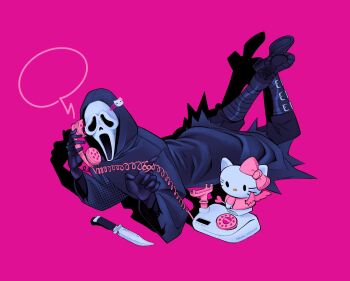 artmigraine black_footwear black_gloves boots bow full_body ghostface gloves hello_kitty hello_kitty_(character) highres knife mask on_floor phone pink_background pink_bow pink_wings sanrio scream_(movie) simple_background talking_on_phone wings