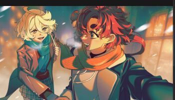 2girls art_program_in_frame black_coat blue_eyes blue_scarf blush coat commentary_request drawstring grey_coat grey_eyes grey_skirt gundam gundam_suisei_no_majo highres holding_hands korean_commentary long_hair looking_at_another miorine_rembran multiple_girls open_mouth orange_scarf plaid_clothes plaid_skirt red_hair red_shirt scarf shirt skirt smile snowing suletta_mercury thick_eyebrows white_hair yurisuki00