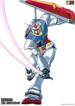 Rule 34 | anniversary, beam rifle, company name, copyright name, earth federation, energy gun, gundam, highres, holding, holding shield, logo, mecha, mecha focus, mobile suit, mobile suit gundam, no humans, non-web source, official art, poster (medium), robot, rx-78-2 gundam, science fiction, shield, simple background, v-fin, weapon, white background