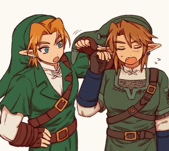 2boys arm_up belt belt_buckle blonde_hair brown_belt brown_gloves brown_hair buckle chest_belt commentary_request dot_nose earrings fingerless_gloves flying_sweatdrops gloves green_hat green_tunic hat highres jewelry layered_sleeves link long_pointy_ears long_sleeves male_focus multiple_boys nervous_sweating nintendo open_mouth parted_hair piercing pointy_ears shirt short_over_long_sleeves short_sleeves single_earring sweat teateeeea the_legend_of_zelda the_legend_of_zelda:_ocarina_of_time the_legend_of_zelda:_twilight_princess tunic white_background white_shirt