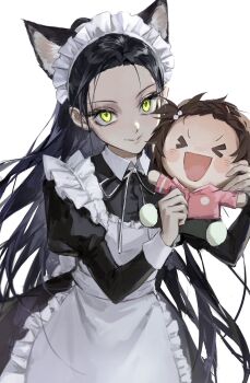 Rule 34 | &gt; &lt;, 1girl, animal ears, apron, black dress, black hair, cat ears, chadaniu, character doll, doll, dress, hashtag-only commentary, highres, holding, holding stuffed toy, juliet sleeves, kamisaki hikaru, long hair, long sleeves, looking at viewer, maid, maid apron, maid headdress, medalist (manga), puffy sleeves, simple background, stuffed animal, stuffed toy, white background, white headdress, yellow eyes, yuitsuka inori