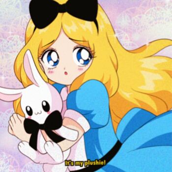 alice_(disney) alice_in_wonderland_(disney) animification bad_id bad_twitter_id bare_arms bishoujo_senshi_sailor_moon black_bow black_hairband blonde_hair blue_dress blue_eyes bow bow_hairband bright_pupils clenched_hand commentary dot_nose dress english_commentary english_text eyelashes fake_screenshot film_grain floating_clothes floating_hair hairband holding holding_stuffed_toy honeymoonpetal lace_background large_bow light_blush long_hair looking_at_viewer medium_dress nervous open_mouth parody pink_background pleated_dress puffy_short_sleeves puffy_sleeves raised_inner_eyebrows short_sleeves sparkle stuffed_animal stuffed_rabbit stuffed_toy style_parody tareme very_long_hair white_pupils