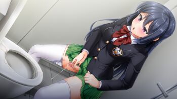 1girl :o black_hair black_jacket blazer blue_hair blush bow bowlegged_pose bowtie breasts buttons calpish censored chestnut_mouth clothes_lift collared_shirt cum cumdrip dress_shirt dutch_angle ejaculation emblem erection flaccid foreskin futanari futanari_masturbation game_cg green_skirt hair_between_eyes half-closed_eyes indoors jacket large_variant_set leaning_forward lifting_own_clothes long_hair long_sleeves mahou_reiki_magisphere masturbation medium_breasts miniskirt mosaic_censoring non-web_source official_art open_mouth pee peeing penis plaid_bow plaid_bowtie plaid_clothes plaid_skirt pleated_skirt public_restroom purple_eyes red_bow red_bowtie ruri_(magisphere) school_uniform self-datamine shirt skirt skirt_lift small_penis solo standing straight_hair thighhighs tiles toilet toilet_stall toilet_use urinal variant_set very_long_hair white_shirt white_thighhighs zettai_ryouiki