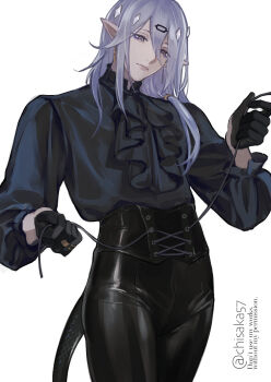 1boy arknights ascot black_ascot black_gloves black_pants black_shirt closed_mouth commentary cowboy_shot cross-laced_pants diamond_hair_ornament expressionless frilled_sleeves frills gloves hair_between_eyes hair_ornament hair_over_shoulder hairclip half_gloves high-waist_pants highres jewelry latex_pants lips long_hair long_hair_between_eyes long_sleeves looking_at_viewer low_side_ponytail male_focus multiple_rings pants pointy_ears purple_eyes purple_hair ring shalem_(arknights) shirt simple_background snake_boy snake_tail solo standing symbol-only_commentary tail twitter_username tying wh1tecookie white_background