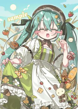 1girl :d ^_^ absurdres acorn ai_ying_ying_ying_ying apple apron bagel baguette basket bird black_bow blue_hair blue_sky blush blush_stickers bonnet bow bread brown_bonnet cat cherry cherry_tomato chinese_commentary chinstrap closed_eyes commentary_request day dress facing_viewer floral_print flower food food-themed_hair_ornament frilled_apron frilled_bonnet frilled_dress frilled_sleeves frills fruit glint green_dress hair_between_eyes hair_bow hair_flower hair_ornament hand_up hatsune_miku highres jam long_hair long_sleeves open_mouth orange_bow outdoors plaid_bow puffy_sleeves rabbit sample_watermark skirt_hold sky smile solo spring_onion strawberry sun tomato twintails very_long_hair vocaloid waist_apron watermark wheat white_apron white_flower white_sleeves yellow_flower