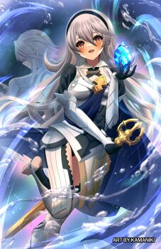 1boy 1girl armor barefoot blue_cape blue_gem breasts cape dual_persona eyelashes female_corrin_(fire_emblem) fire_emblem fire_emblem_fates gem grey_hair highres holding holding_sword holding_weapon kamaniki leg_up long_hair male_corrin_(fire_emblem) medium_breasts nintendo open_mouth solo_focus sword thighs very_long_hair water_drop weapon