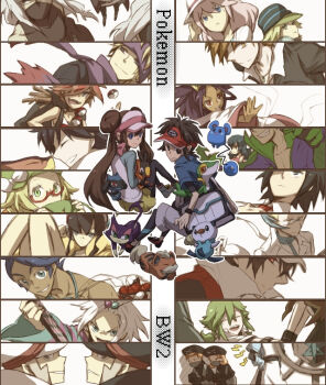 10s 6+boys 6+girls aldith_(pokemon) azurill bad_id bad_pixiv_id bag benga_(pokemon) beret bianca_(pokemon) black_hair black_leggings blonde_hair blue_hair blue_oak brown_hair brycen_(pokemon) cheren_(pokemon) colress_(pokemon) copyright_name curtis_(pokemon) elesa_(pokemon) emmet_(pokemon) gen_1_pokemon gen_3_pokemon gen_4_pokemon gen_5_pokemon glasses green_hair grin growlithe guitar gym_leader hair_bobbles hair_ornament hat hat_ribbon headband headphones hilbert_(pokemon) hilda_(pokemon) hugh_(pokemon) ingo_(pokemon) instrument iris_(pokemon) leggings looking_at_viewer marlon_(pokemon) mihaya_(a-ta-i) morty_(pokemon) multiple_boys multiple_girls n_(pokemon) nate_(pokemon) nintendo orange_hair oshawott pantyhose peaked_cap pink_hair poke_ball poke_ball_(basic) pokemon pokemon_(creature) pokemon_bw pokemon_bw2 purple_hair purrloin red_(pokemon) ribbon riolu rosa_(pokemon) roxie_(pokemon) sabrina_(pokemon) scarf shadow_triad shoulder_bag siblings skirt smile snivy starter_pokemon_trio team_plasma team_plasma_grunt tepig throwing throwing_poke_ball twins uniform visor_cap white_hair yancy_(pokemon)
