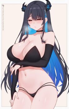 Rule 34 | 1girl, absurdres, asymmetrical horns, black bra, black hair, black horns, black panties, blue hair, blush, border, bra, breasts, breath, cleavage, colored inner hair, commentary, cowboy shot, demon horns, eyelashes, highres, hololive, hololive english, horns, kershok, large breasts, long hair, multicolored hair, nerissa ravencroft, panties, purple eyes, simple background, solo, two-tone hair, underwear, uneven horns, untranslatable commentary, virtual youtuber, white border