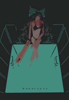 1girl bikini black_bikini black_hair bow control_rod_(touhou) crossed_legs full_body green_bow hair_bow highres llamas_yes long_hair looking_at_viewer muted_color no_lineart pool reiuji_utsuho soaking_feet solo swimsuit third_eye third_eye_on_chest touhou yatagarasu