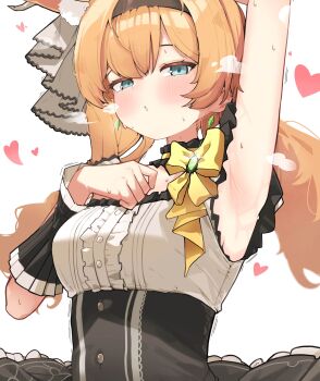 1girl absurdres animal_ear_fluff armpits black_headband black_overskirt blue_archive choker commentary_request dress ehddb72 flower fluffy_hair frilled_choker frills grey_dress hand_on_own_chest headband heart highres idol idol_clothes looking_at_viewer low_twintails mari_(blue_archive) mari_(idol)_(blue_archive) mine_(blue_archive) mine_(idol)_(blue_archive) official_alternate_costume orange_hair sweat twintails wrist_wrap yellow_flower