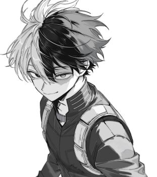 1boy absurdres black_hair boku_no_hero_academia bright_pupils closed_mouth greyscale hair_between_eyes heterochromia highres hrak_mumi long_sleeves looking_at_viewer male_focus monochrome multicolored_hair scar scar_across_eye scar_on_face short_hair smile solo superhero_costume todoroki_shoto two-tone_hair upper_body white_hair white_pupils