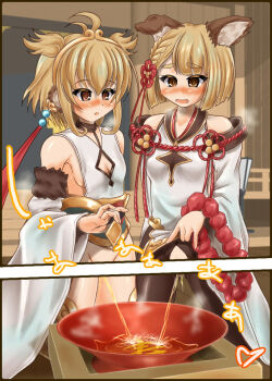 2girls andira_(granblue_fantasy) animal_ears blonde_hair blush censored granblue_fantasy katsuragi_niya multiple_girls no_panties open_mouth peeing peeing_in_bowl peeing_together smile standing vajra_(granblue_fantasy) yellow_eyes