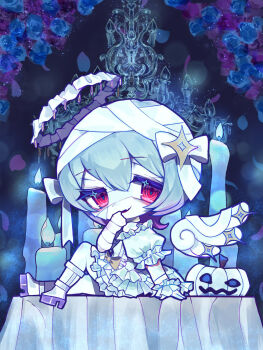 1girl arm_support blue_background blue_boots blue_dress blue_fire blue_hair boots candle chibi chibi_only commentary_request commission double-parted_bangs dress fire frilled_dress frills full_body hair_ribbon halo hand_up high_heel_boots high_heels highres looking_at_viewer okubatomaeba original parted_lips pumpkin red_eyes ribbon short_hair short_sleeves sitting smile solo tareme white_halo white_ribbon