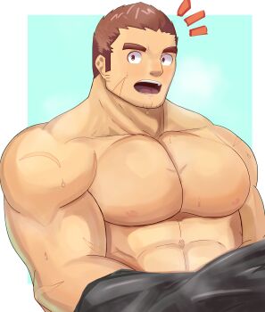 1boy abs absurdres bara bare_pectorals blush brown_hair facial_hair facial_scar goatee highres konpei_daidai large_pectorals looking_at_viewer male_focus muscular muscular_male nipples notice_lines open_mouth pectorals sanpaku scar scar_on_cheek scar_on_face solo sportswear steaming_body strongman_waist stubble sweat tamamura_gunzo tareme thick_eyebrows tokyo_houkago_summoners undressing upper_body
