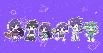 2girls 4boys antenna_hair aubrey_(headspace)_(omori) aubrey_(omori) ball barefoot basil_(headspace)_(omori) basil_(omori) black_eyes black_hair black_tank_top black_thighhighs blue_overalls blue_shirt blush_stickers bow bright_pupils brother_and_sister brothers camera cat checkered_clothes chibi chibi_only closed_mouth collared_pajamas collared_shirt colored_skin double-parted_bangs expressionless flower flower_wreath green_eyes green_hair green_shirt hair_between_eyes hair_bow head_wreath hero_(headspace)_(omori) hero_(omori) highres holding holding_ball holding_camera holding_picnic_basket holding_stuffed_toy kel_(headspace)_(omori) kel_(omori) long_hair long_shirt looking_at_viewer mari_(headspace)_(omori) mari_(omori) mewo mr._plantegg_(omori) multiple_boys multiple_girls omori omori_(omori) one_eye_closed open_mouth overalls pajamas pants picnic_basket pink_bow pleated_skirt purple_eyes purple_hair purple_shorts purple_sweater_vest red_skirt shirt short_hair short_sleeves shorts siblings sidelocks skirt smile striped_clothes striped_pajamas striped_pants striped_shorts stuffed_animal stuffed_eggplant stuffed_toy sweater_vest t-shirt tank_top thighhighs true_erg vertical-striped_clothes vertical-striped_pajamas vertical-striped_pants vertical-striped_shorts white_pajamas white_pants white_pupils white_shirt white_shorts white_skin